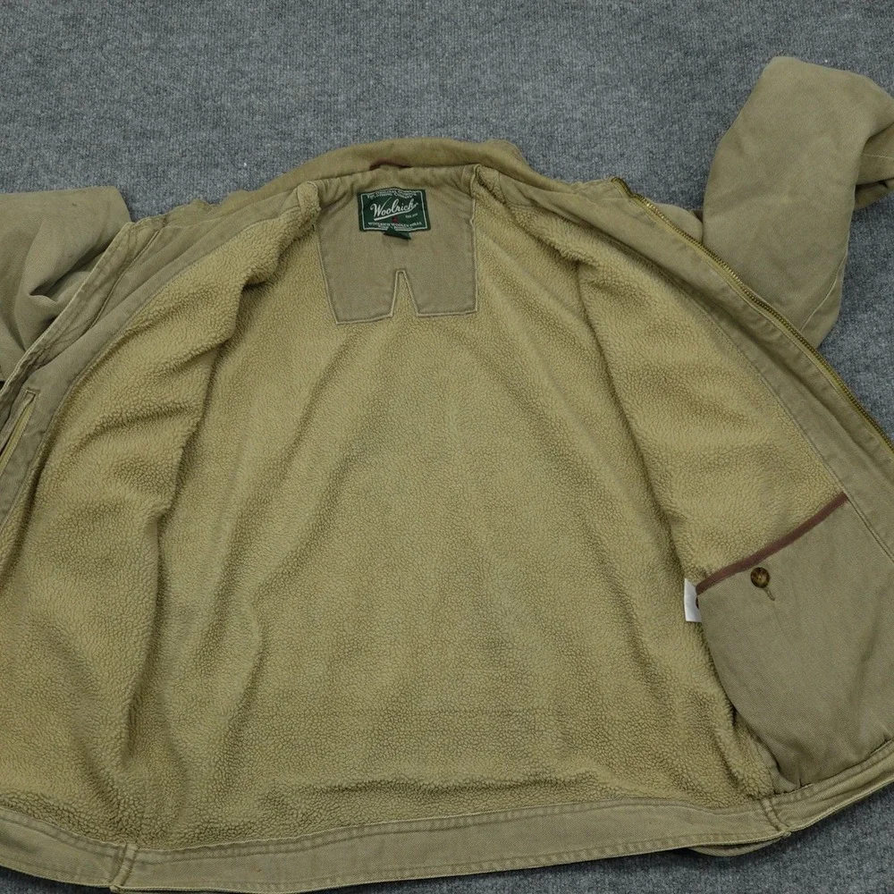 Woolrich Jacket Mens Large Tan Denim Sherpa Lined Full Zip Cotton Workwear Coat